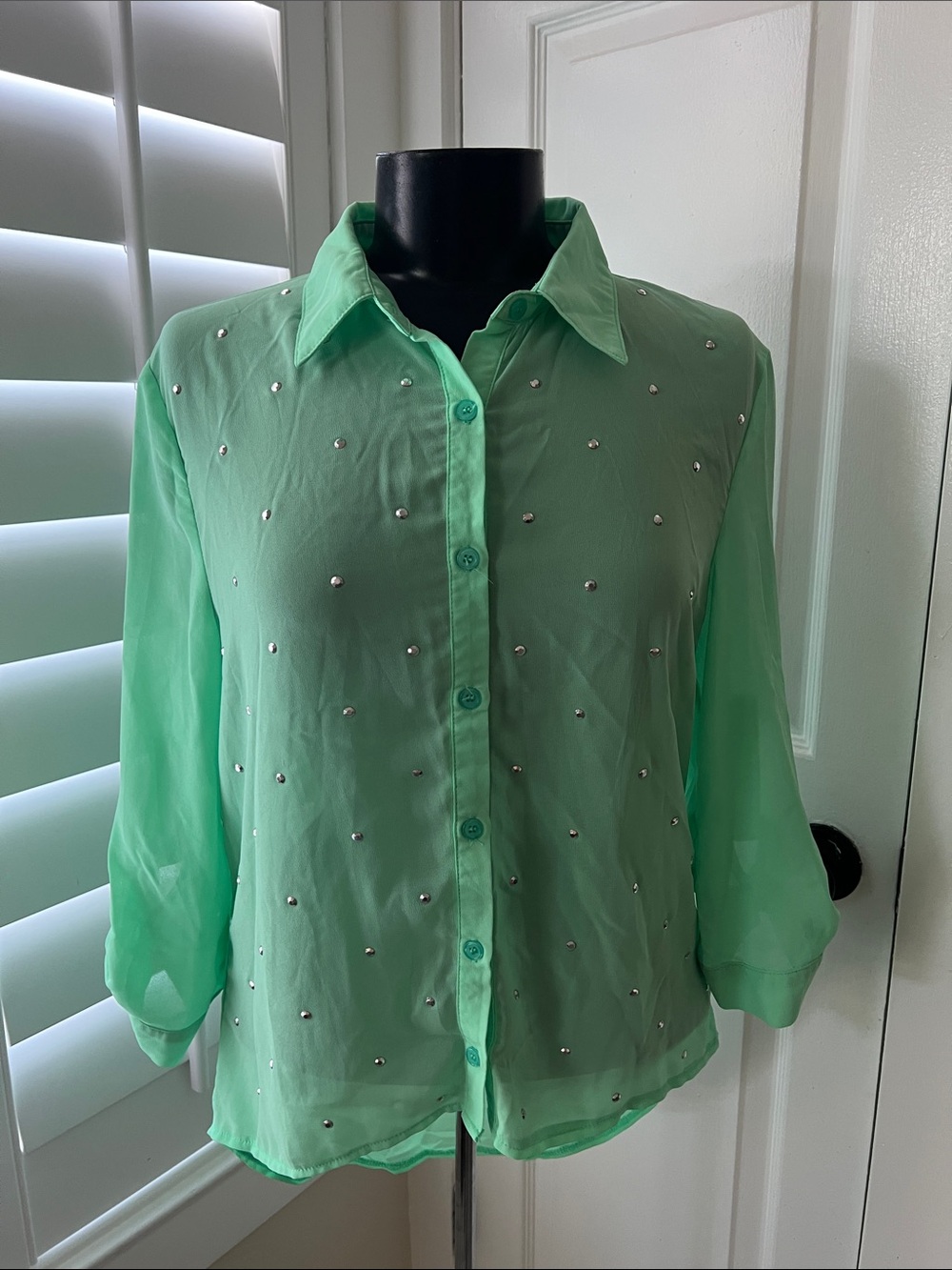 Embellished Mint Green Button-Up Blouse